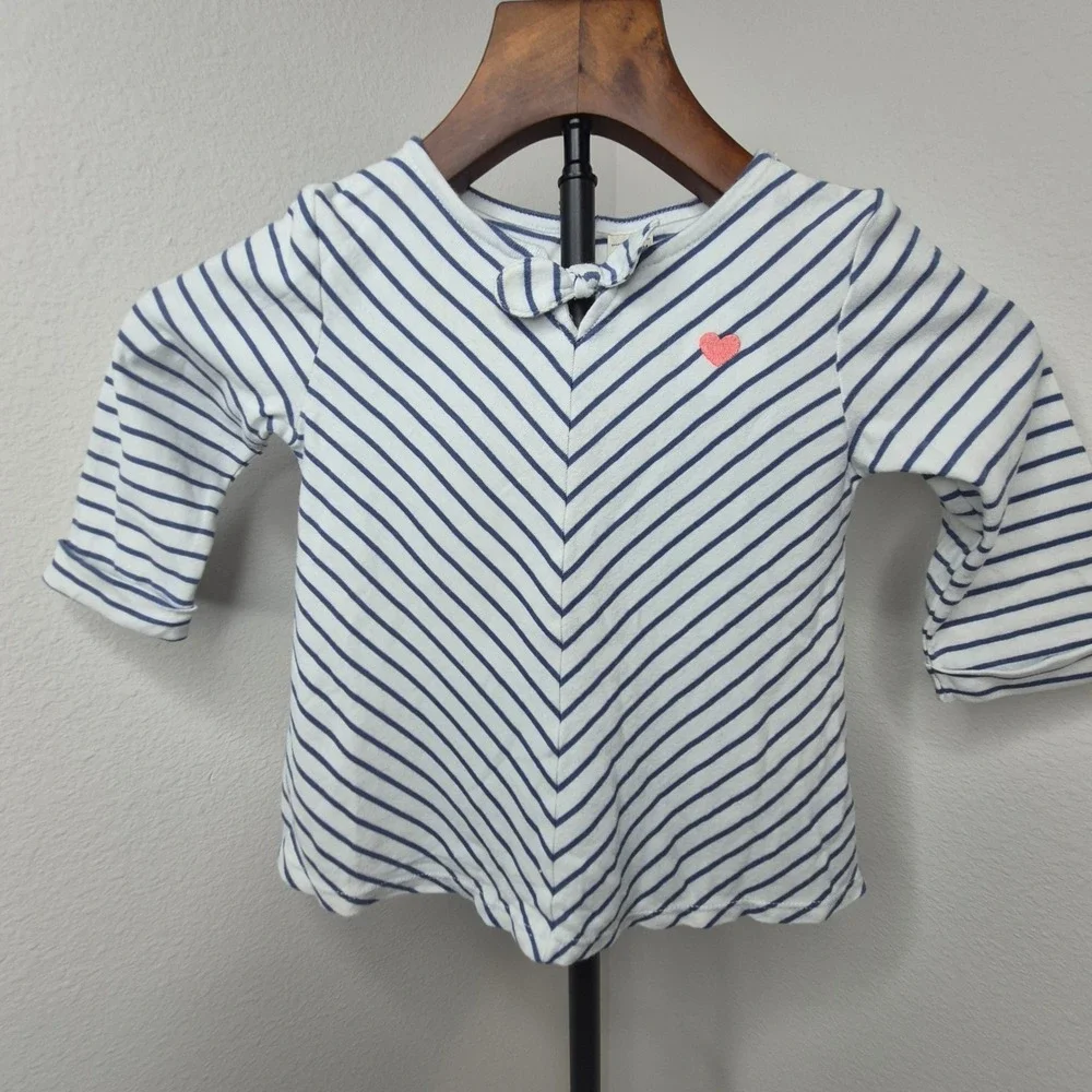 OshKosh Bgosh Girls 4T Navy Blue White Striped Heart‎ Bow Long Sleeve Top Shirt